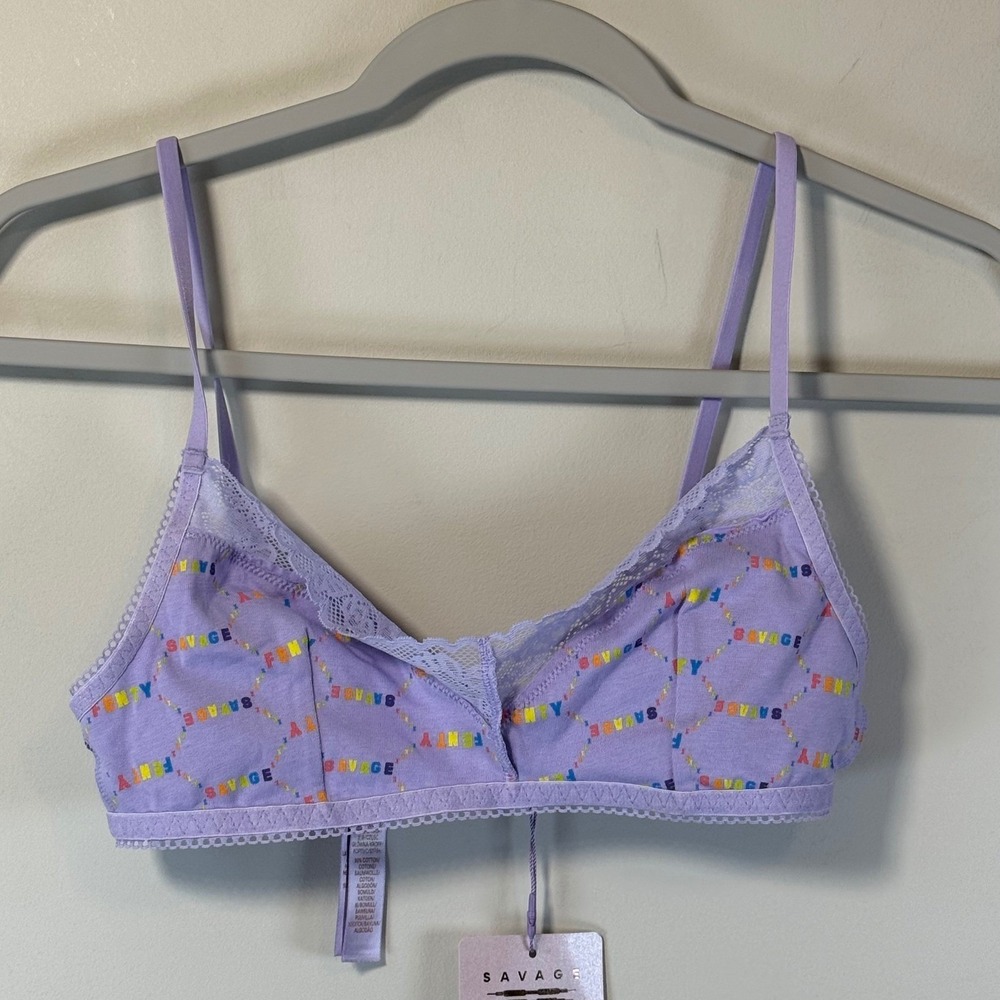 NWT Savage X Fenty Bralette Womens Small Purple Rainbow Logo Lace Trim Festival
